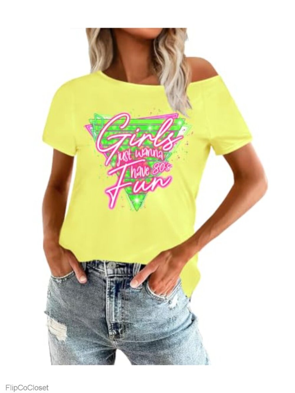 Retro Off Shoulder Top 80s 90s Theme Party T-Shirt